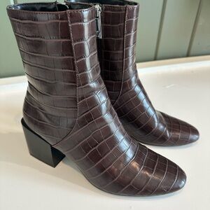 Brown Croc-Embossed Ankle Boots